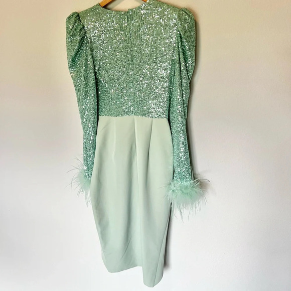 Lavish Alice Sequin Feather Embellished Midi Dress Sage Green - Picture 8 of 9